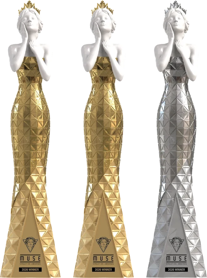 Two gold and one silver MUSE Creative Awards statuettes