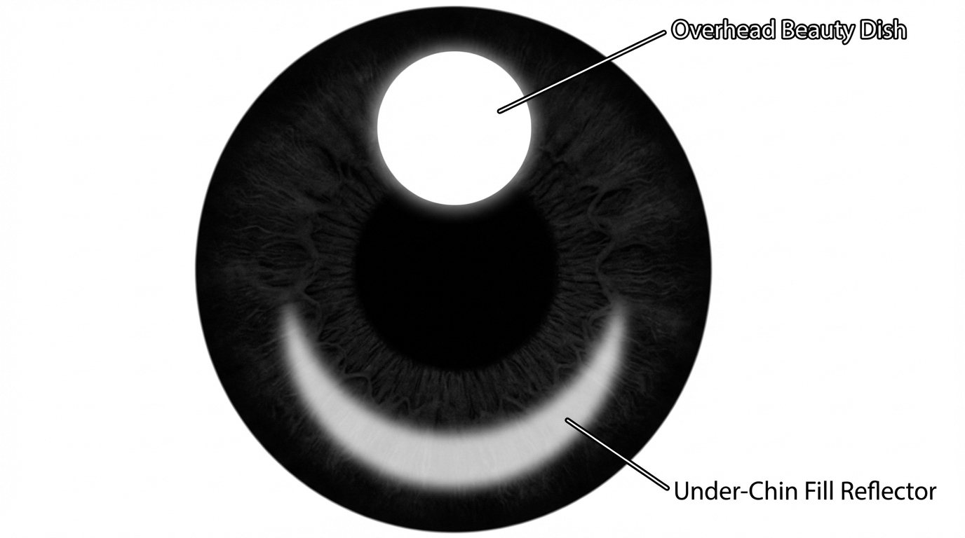 Diagram of an eye showing the catchlight from an overhead beauty dish and an under-chin fill reflector
