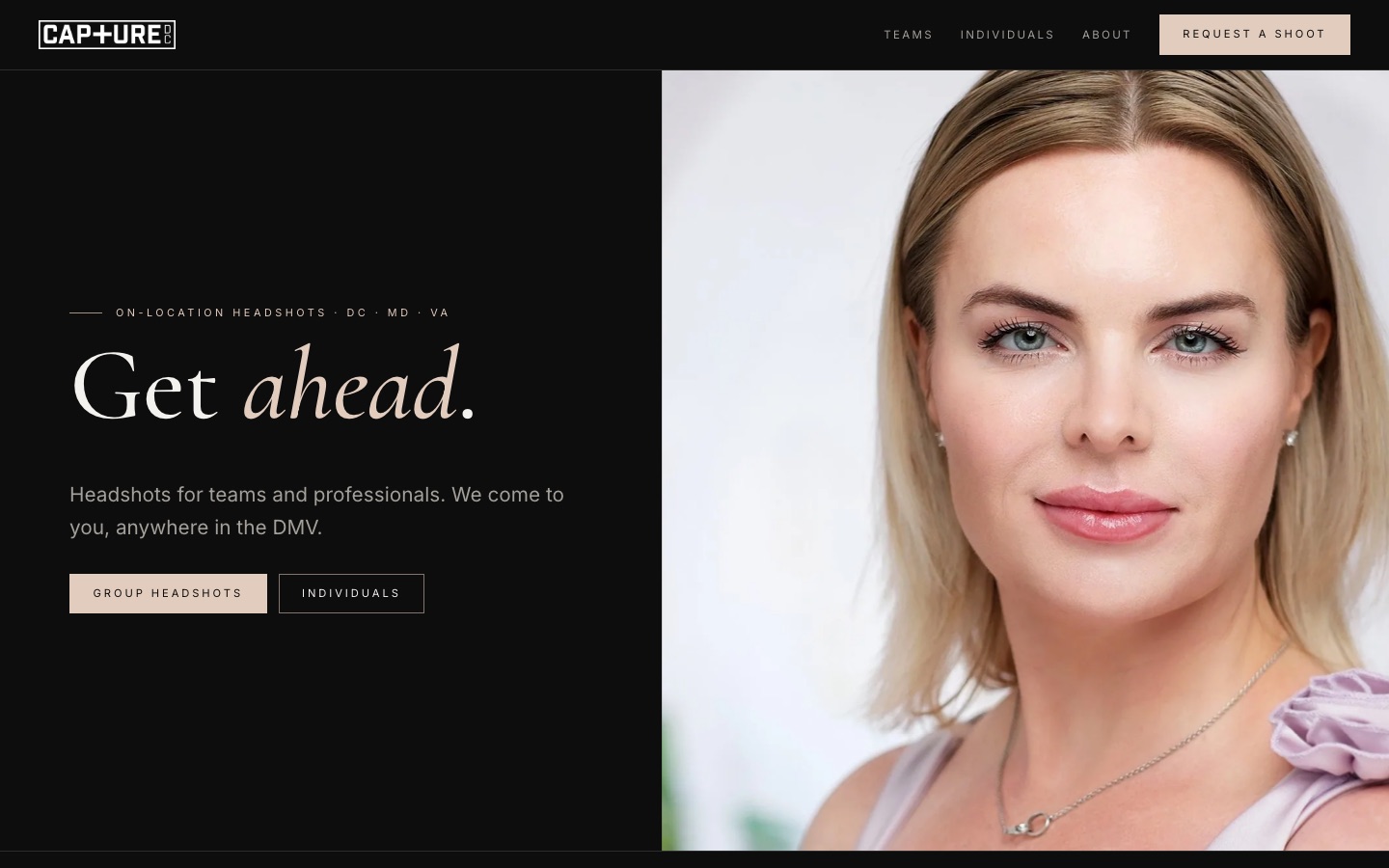 The CaptureDC homepage: Get ahead, on-location headshots in the DMV