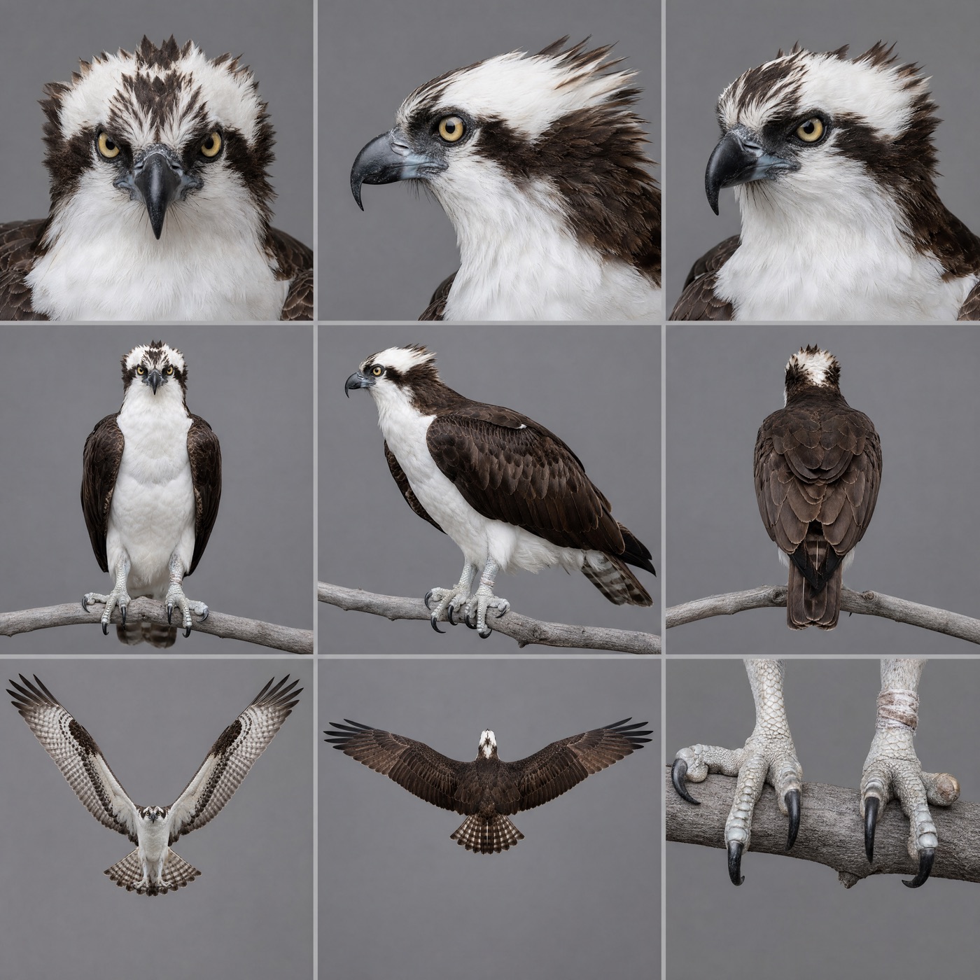 Osprey character reference sheet with head, body, wing, and talon views