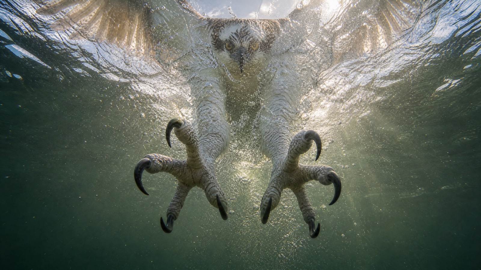 The osprey's talons breaking through the water from below