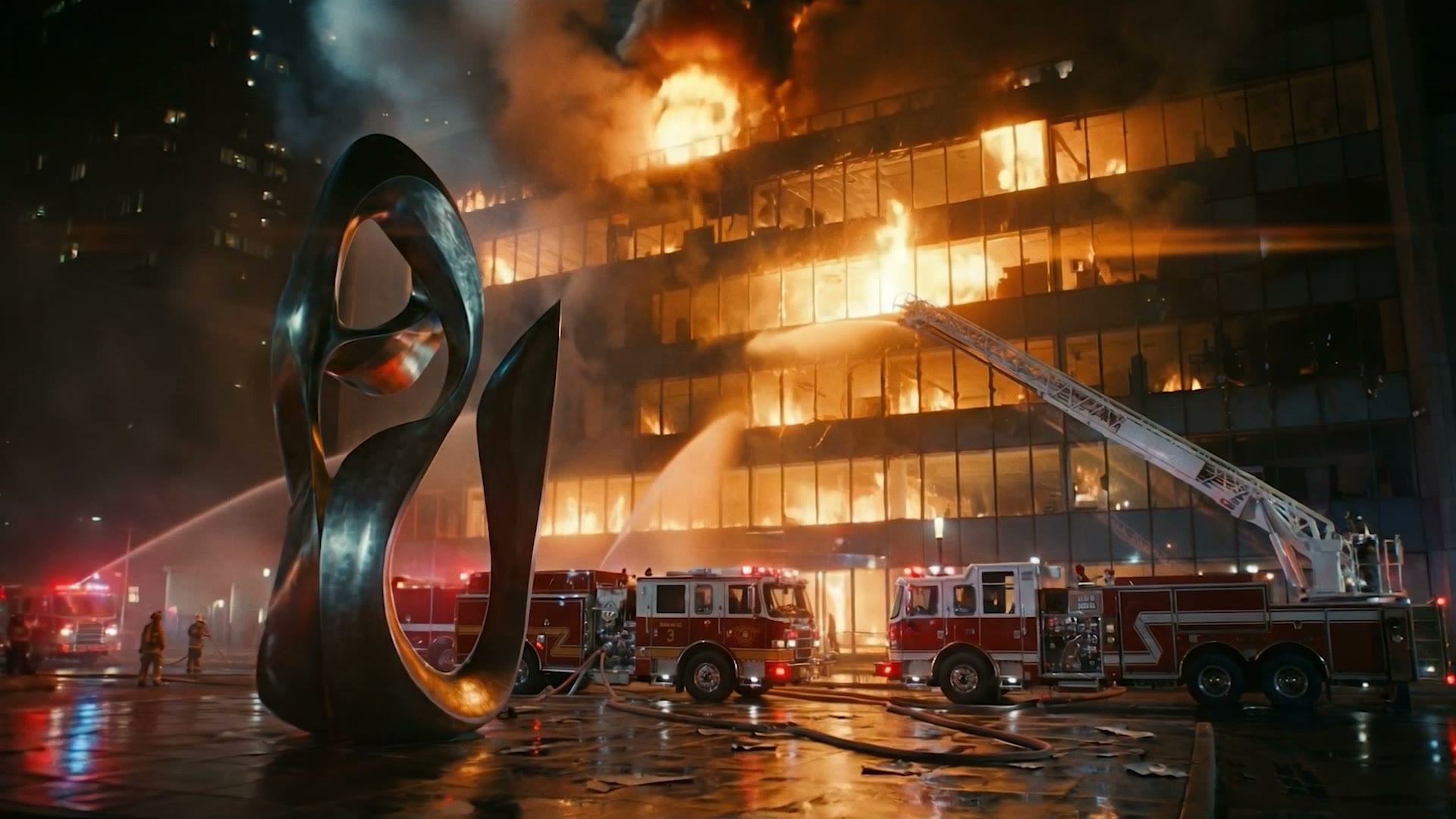 An office tower burns at night, fire trucks and a ladder at its base