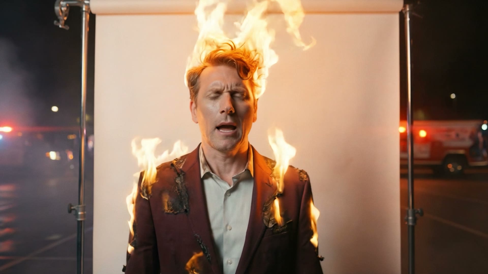 An employee poses for a headshot with his hair on fire