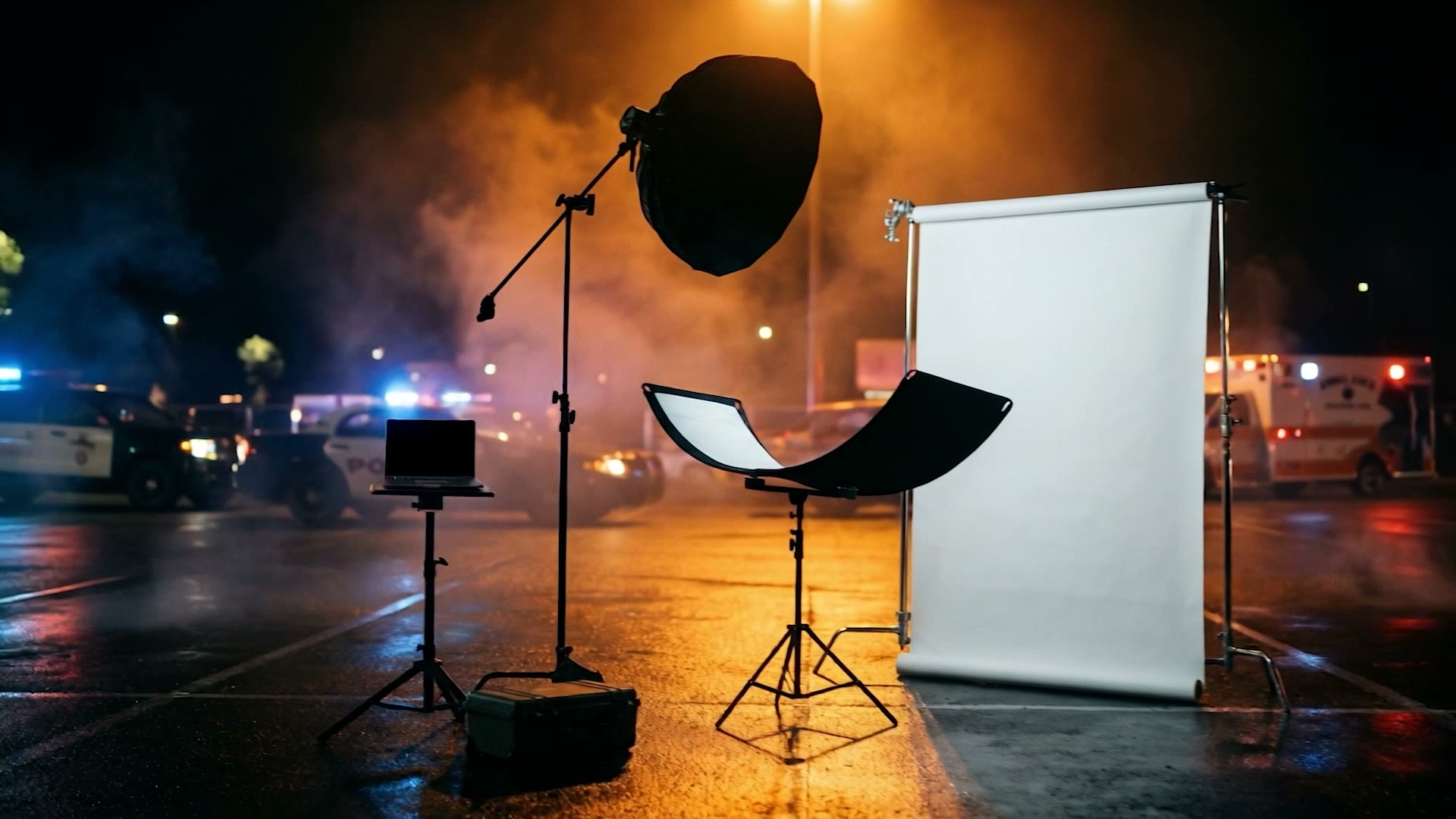 A light, backdrop and laptop stand set up in the parking lot