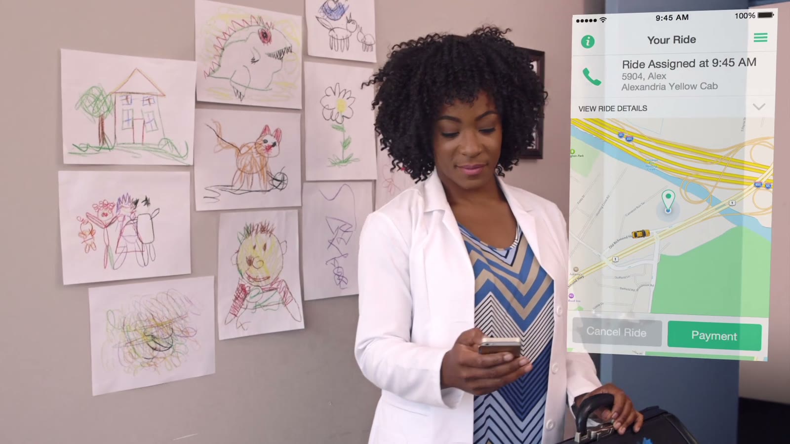 A doctor ordering a cab in the Curb app, the map floating beside her