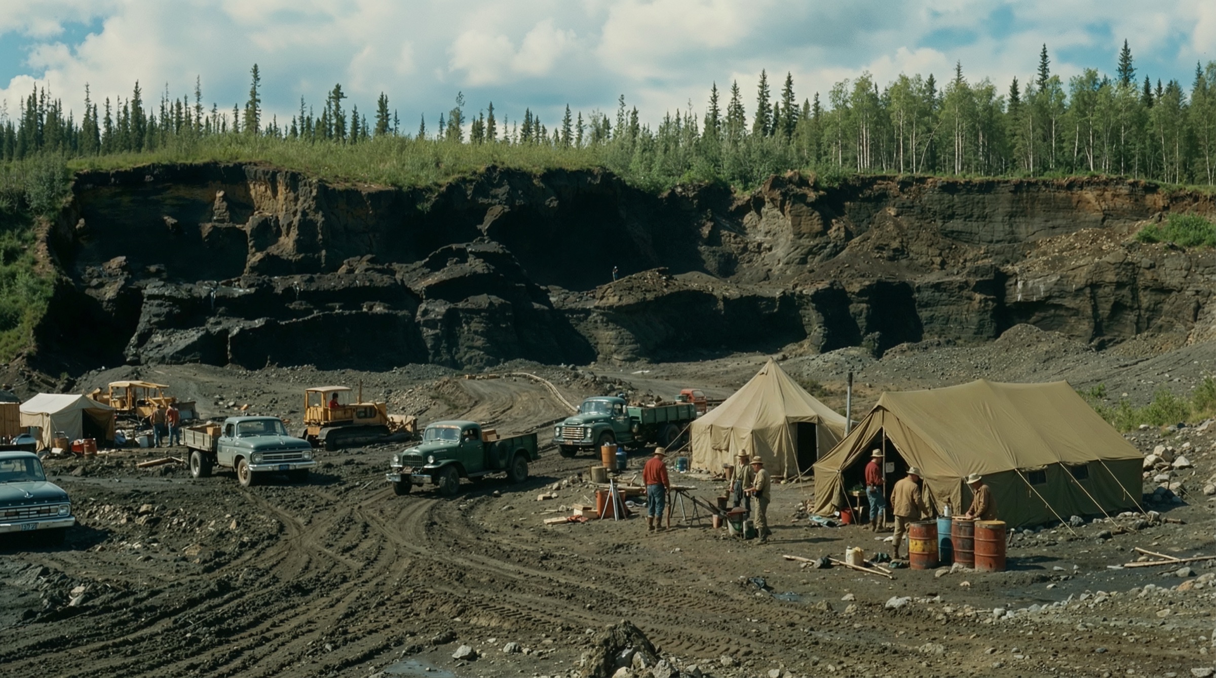 Tents and trucks at a mining camp below a cut bank