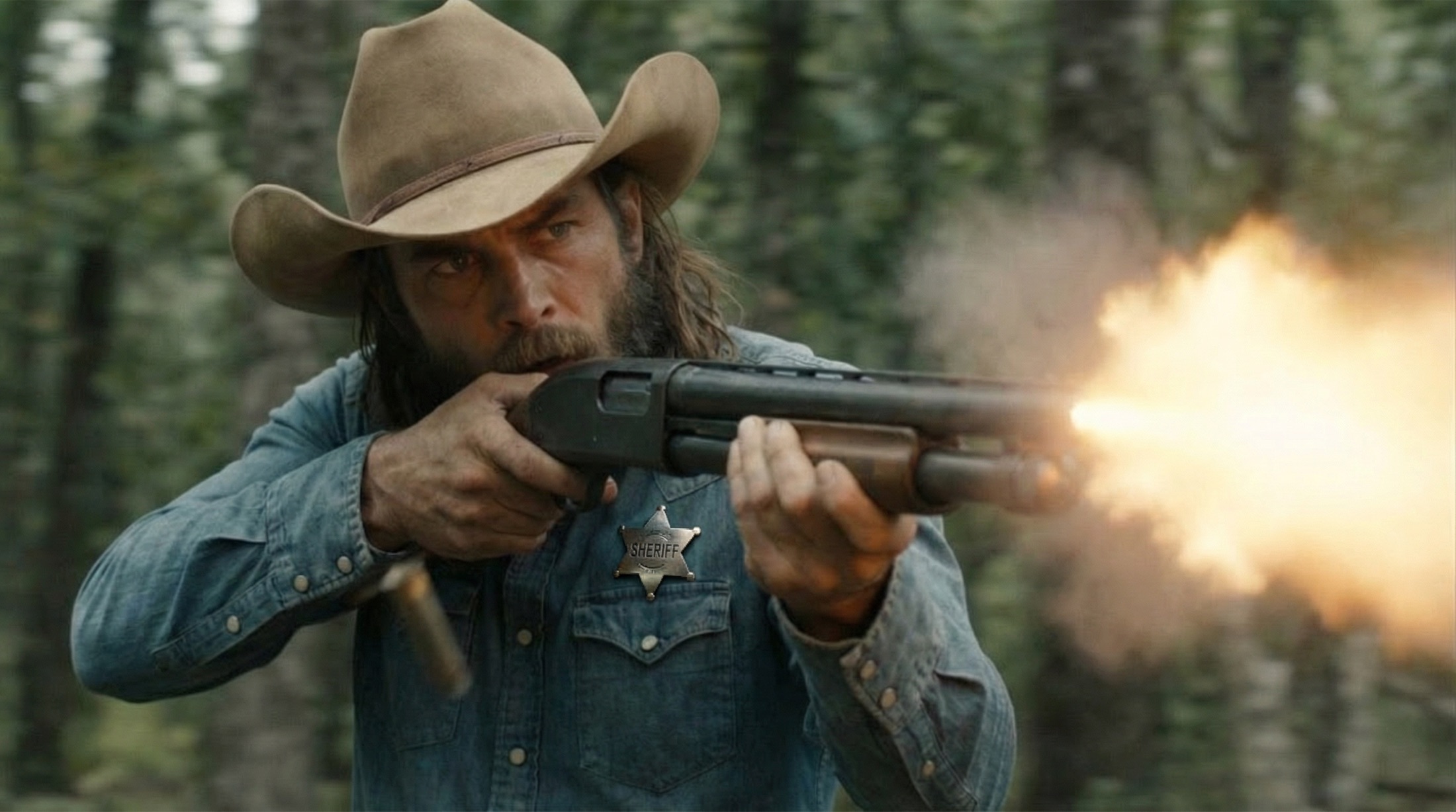 The sheriff firing a shotgun in the forest