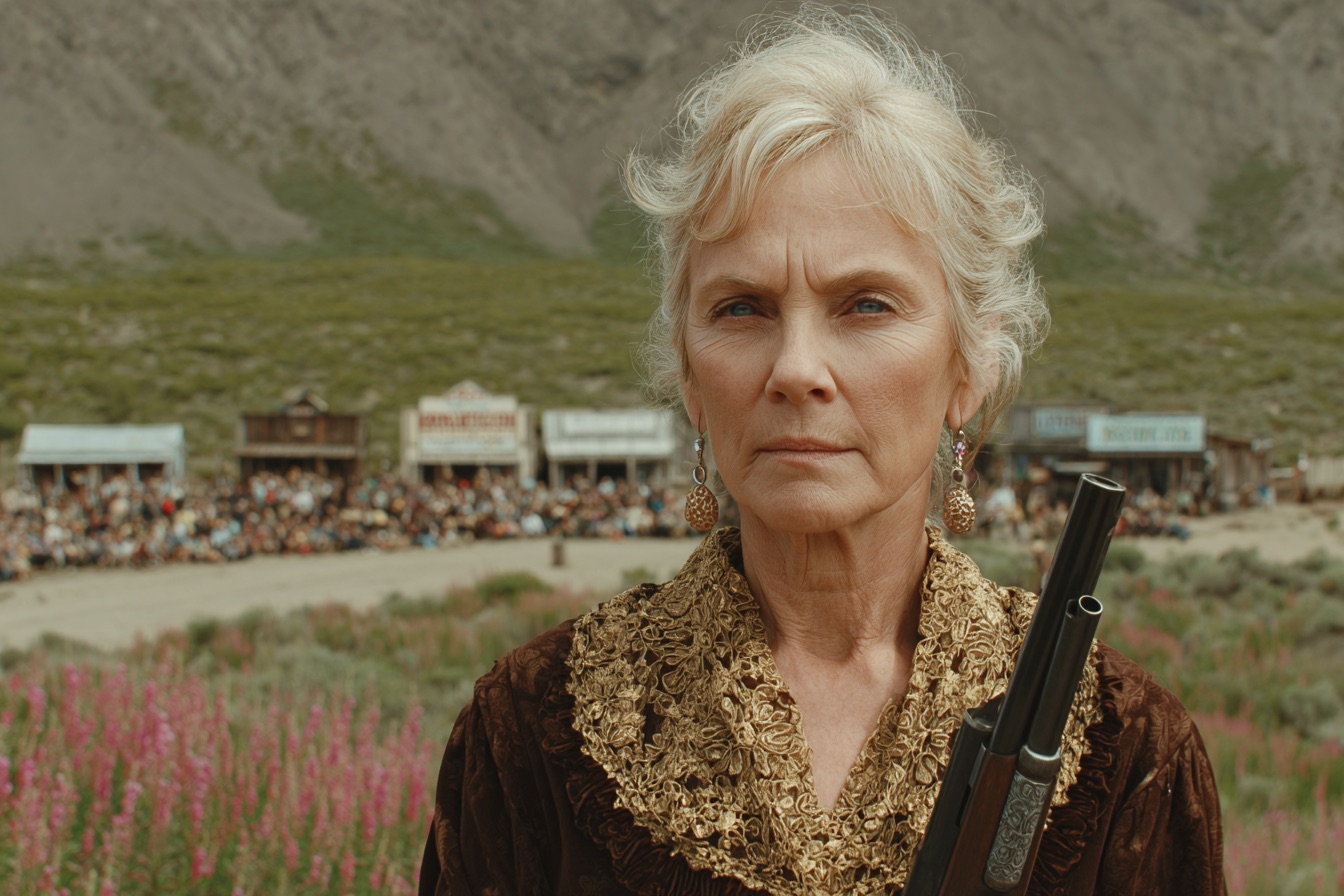 A woman with a rifle in front of the town